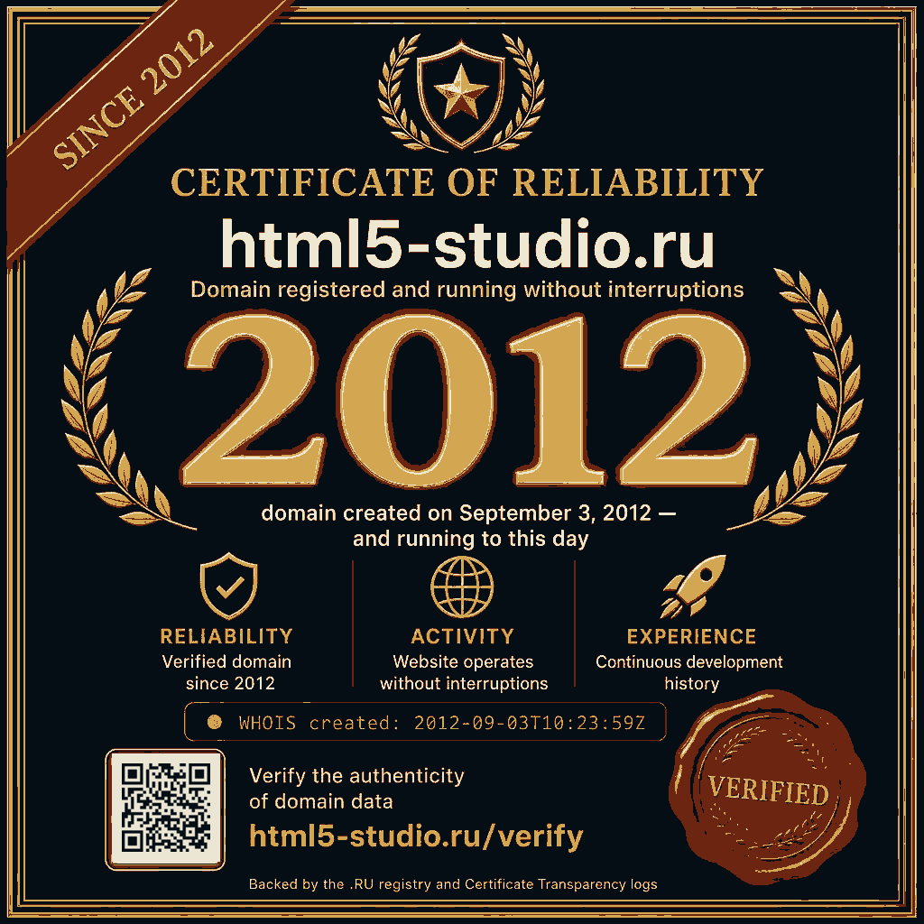 Certificate of reliability: the html5-studio.ru domain was registered on September 3, 2012 and has been running without interruptions